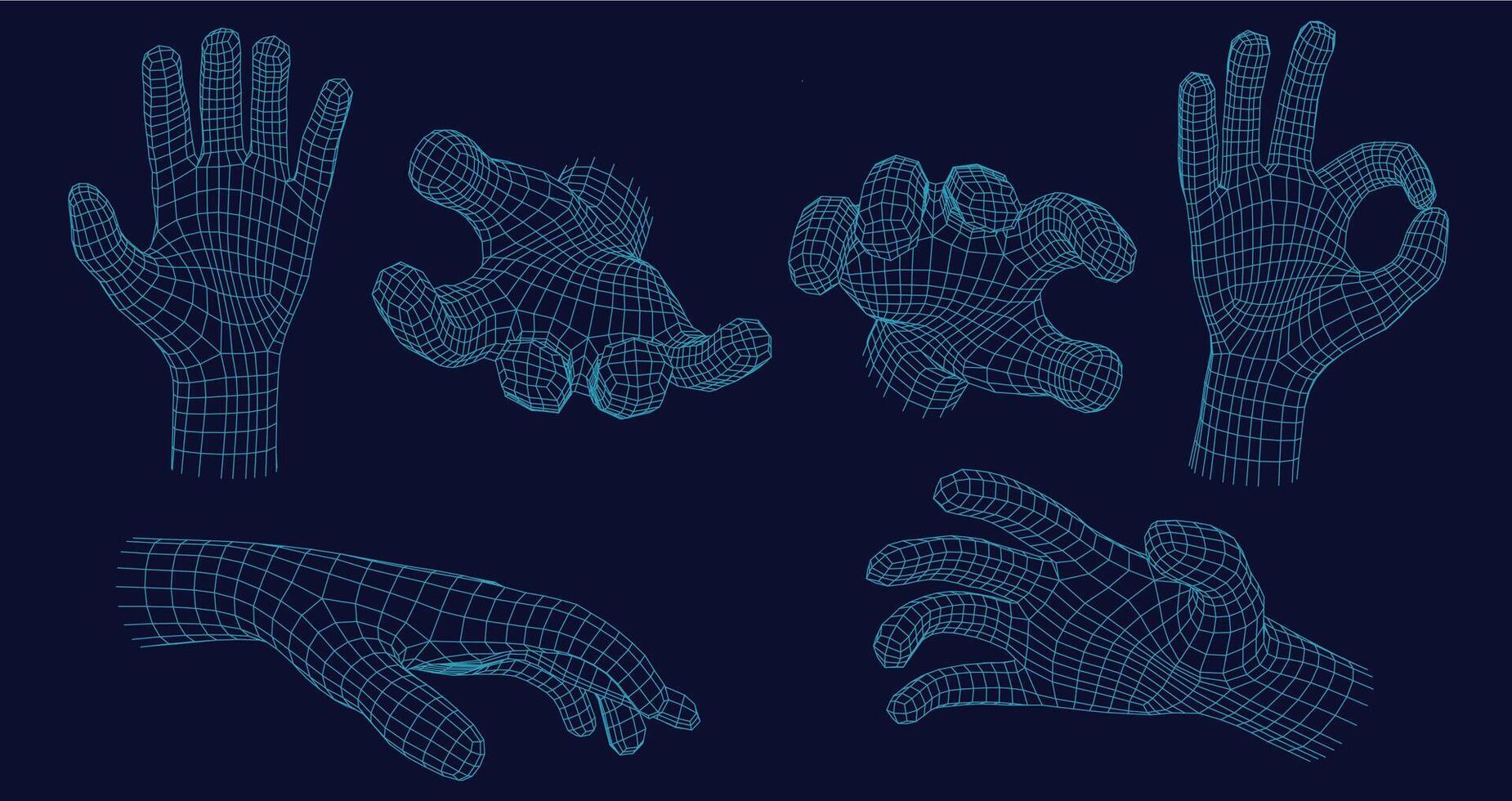 Wireframe hand gestures. Grabbing gesture, open palm and digital ok hand sign in futuristic 3D hologram mesh grid style set with editable stroke paths vector
