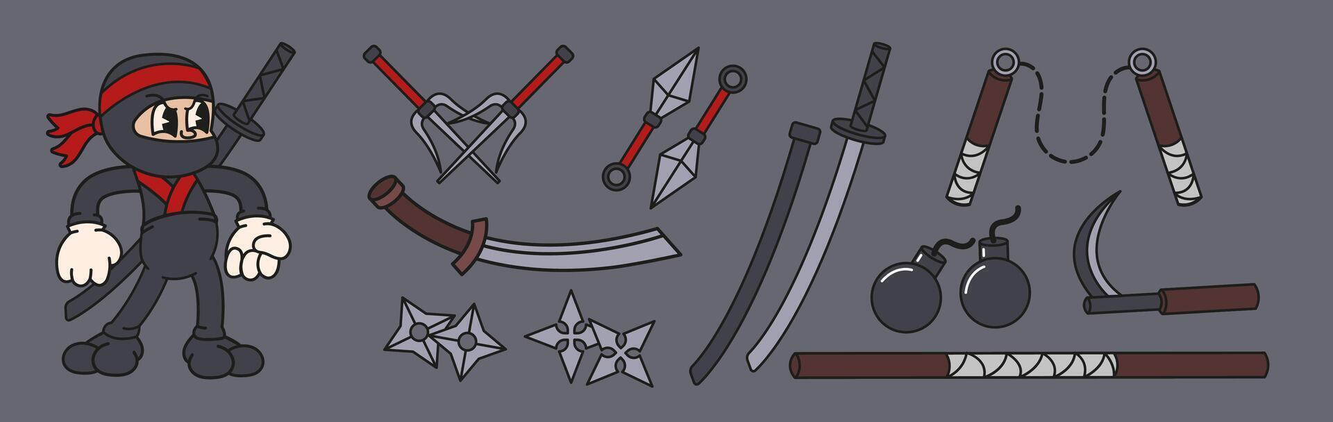 Cartoon ninja weapon. Japanese martial art equipment, katana sword, nunchucks, shuriken and sai isolated set vector