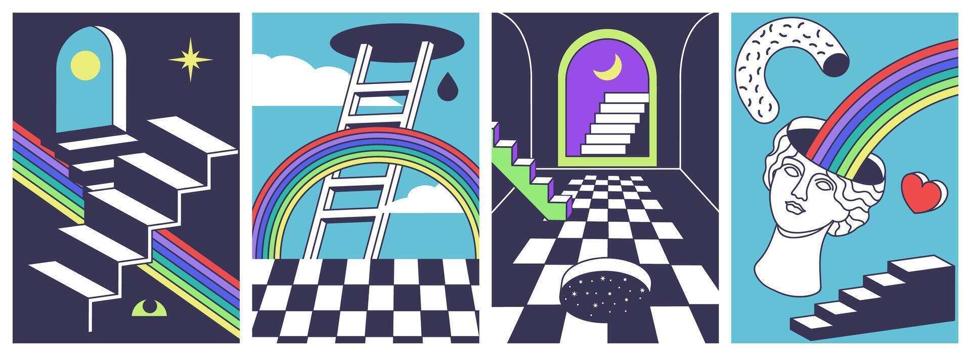 Surreal art posters. Abstract backgrounds with ladders, rainbows, holes and windows. Creative illustration set vector