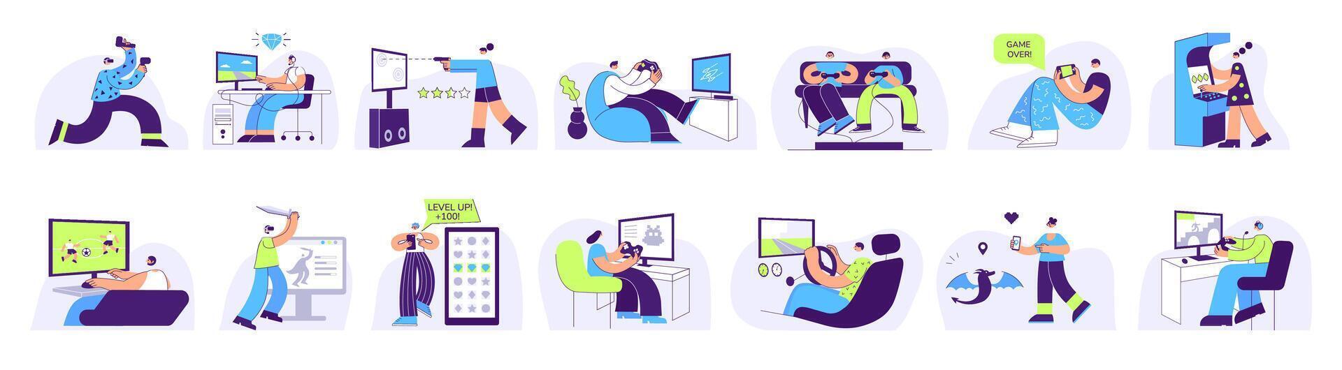 Gamers play games. Arcade, VR, computer and gaming console game players flat illustration set vector
