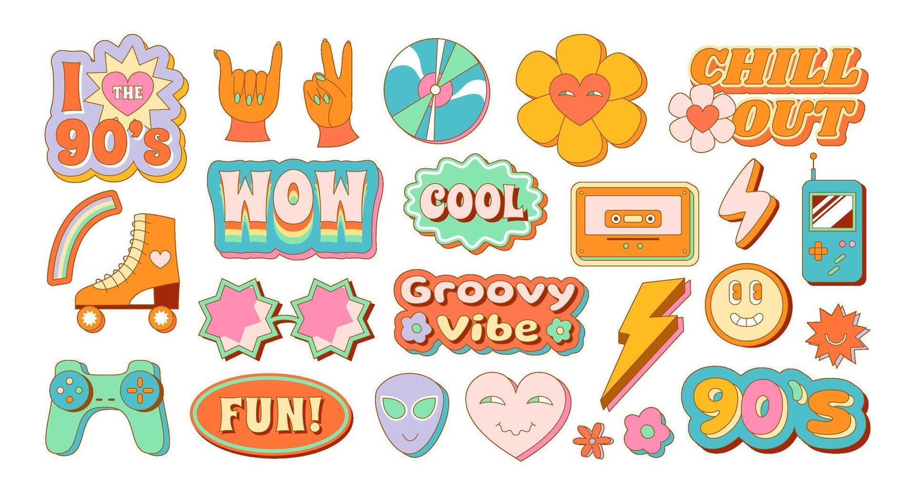 Retro groovy emblem templates. Pastel 90s inspired stickers, chill out and cool elements set vector