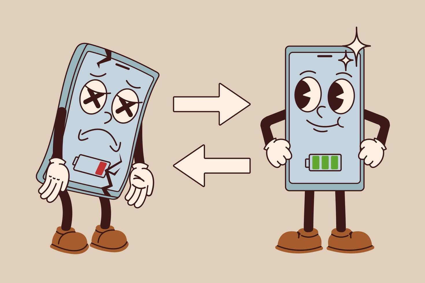 Cartoon trade-in smartphone deal. Mobile phone battery changing, exchange old gadget to new device illustration vector