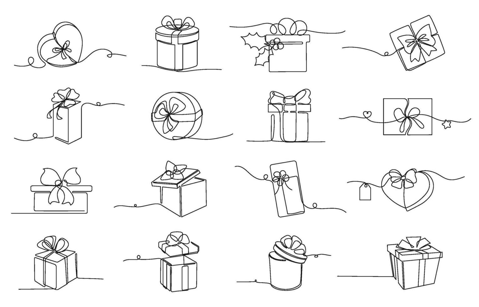 Continuous one line gift boxes. Wrapped present, cardboard box with ribbon bow for Christmas gifts single stroke illustration set vector