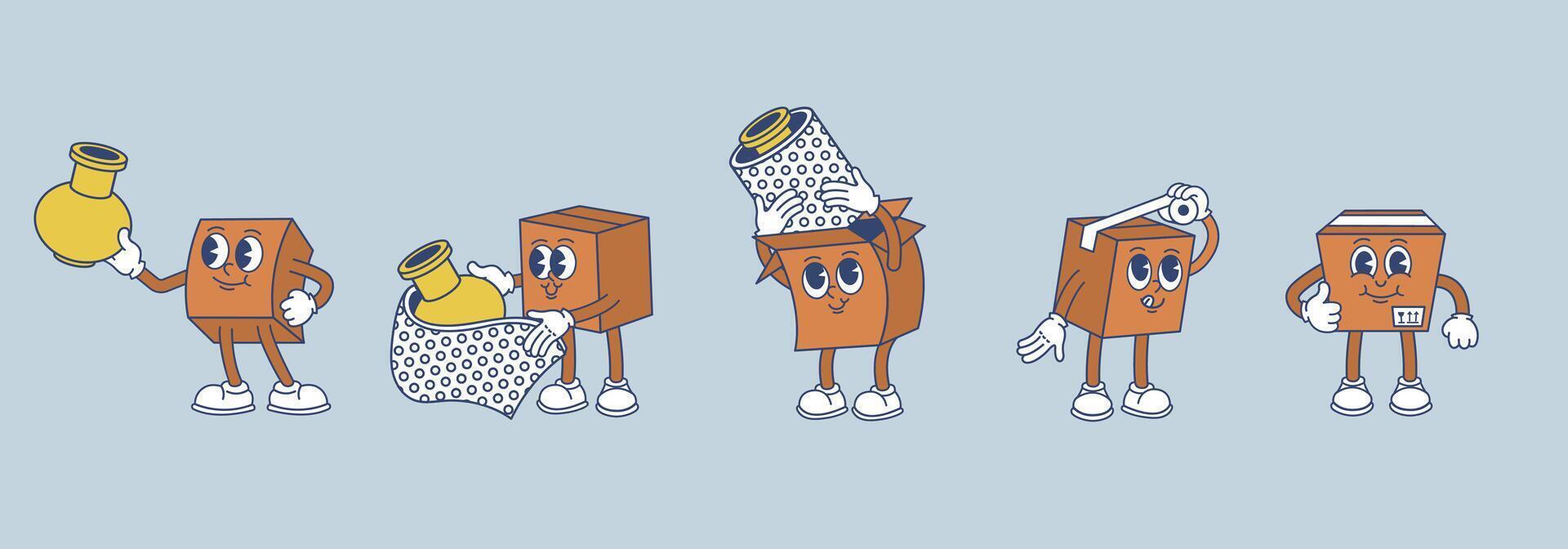 Fragile packaging guide. How to pack into cardboard box step-by-step instruction illustration vector