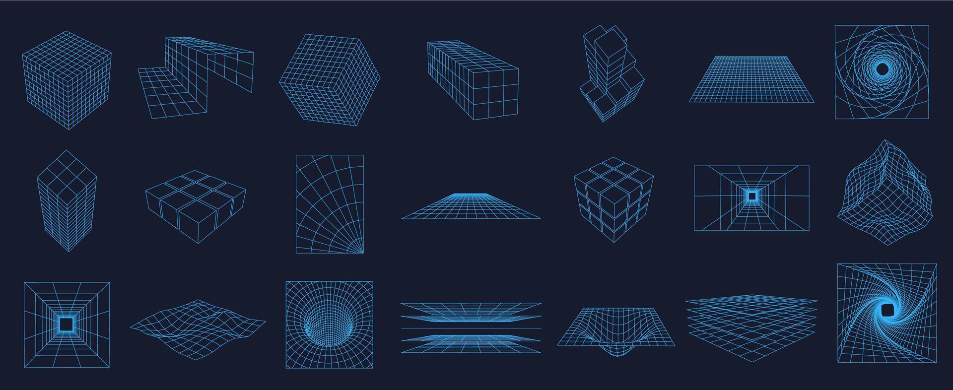 Wireframe grid elements. 3D mesh structures, cyber geometric plane and cube shapes with 80s tech aesthetics. set with editable stroke paths vector
