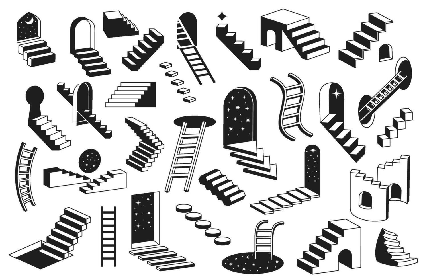 Surreal ladders. Mystery stairways, dreamy stairwells and abstract levels. Black and white flight of steps illustration set vector