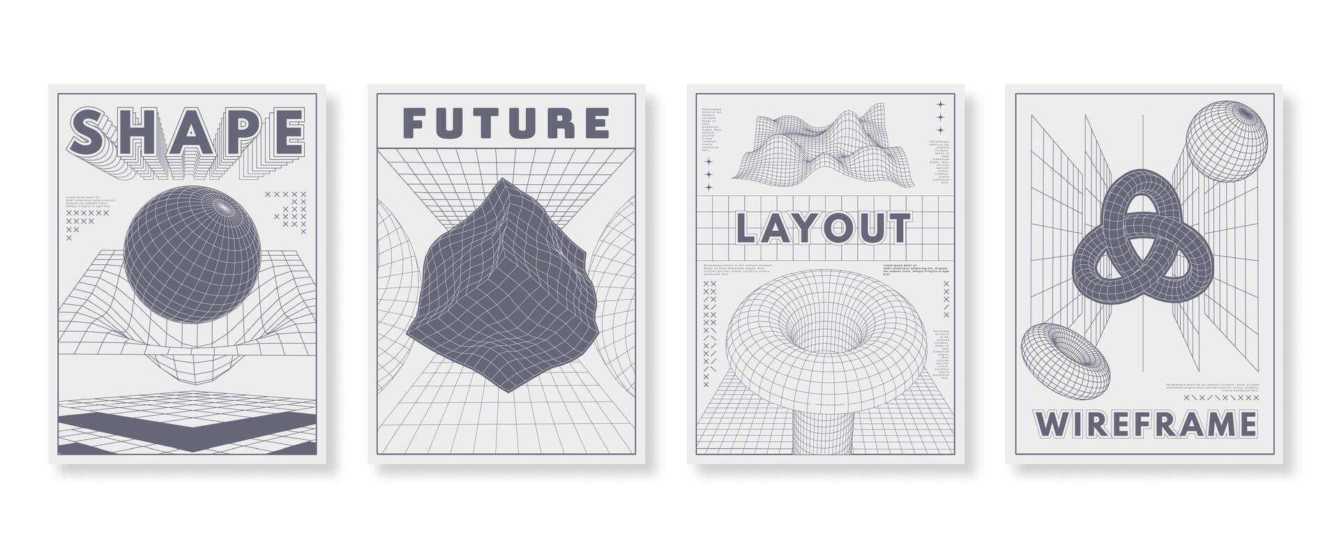 Abstract wireframe posters. Futuristic layout with 3D geometric shapes, wireframe low poly grid structures backgrounds set with editable stroke paths vector