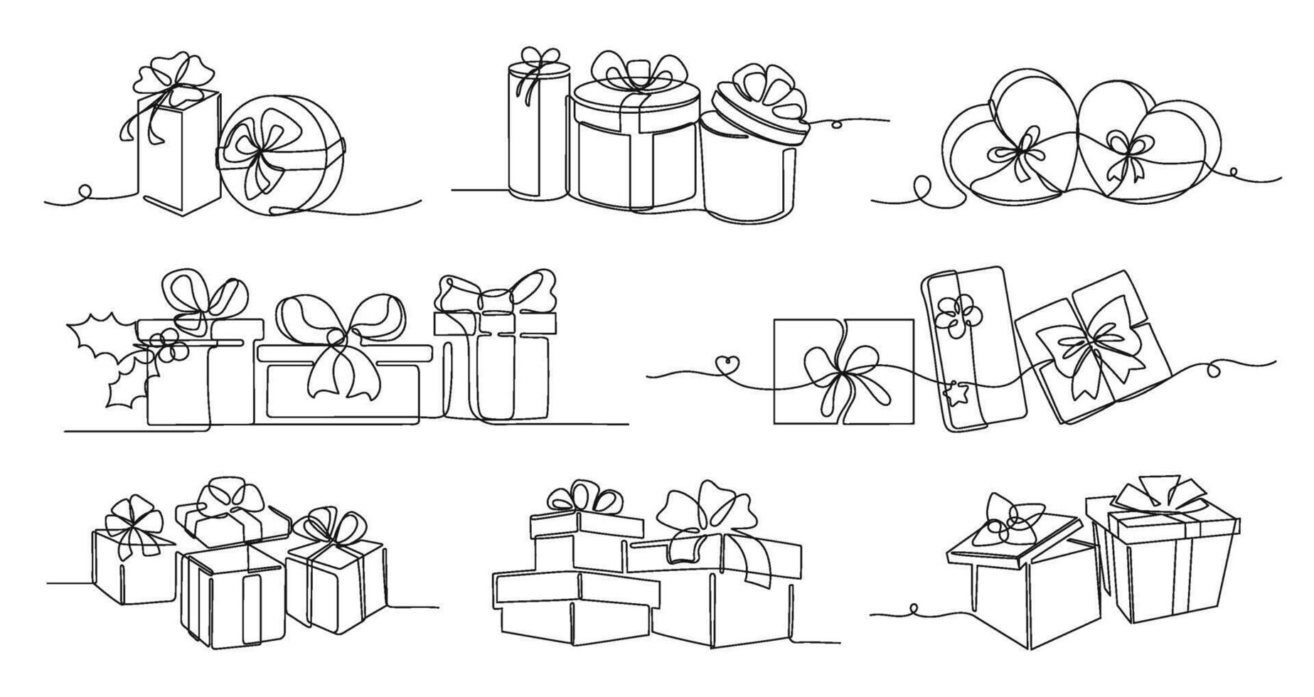 Continuous one line gifts. Gifting boxes for Christmas holiday and birthday presents. Single stroke illustration set vector