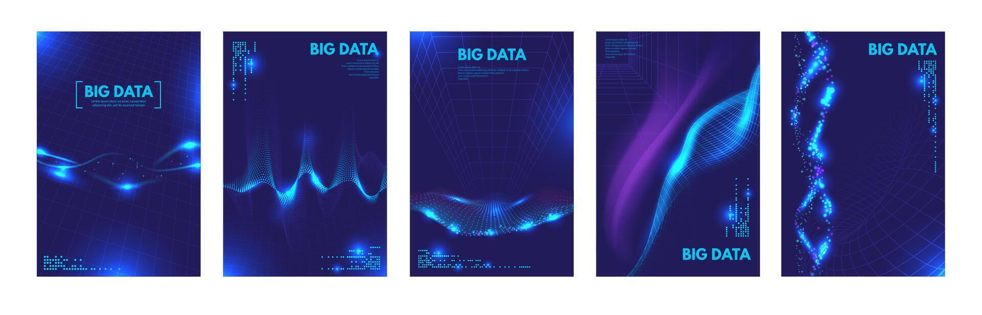 Abstract data flow poster. Digital technology graph, sound waves and dynamic geometric tech background set vector
