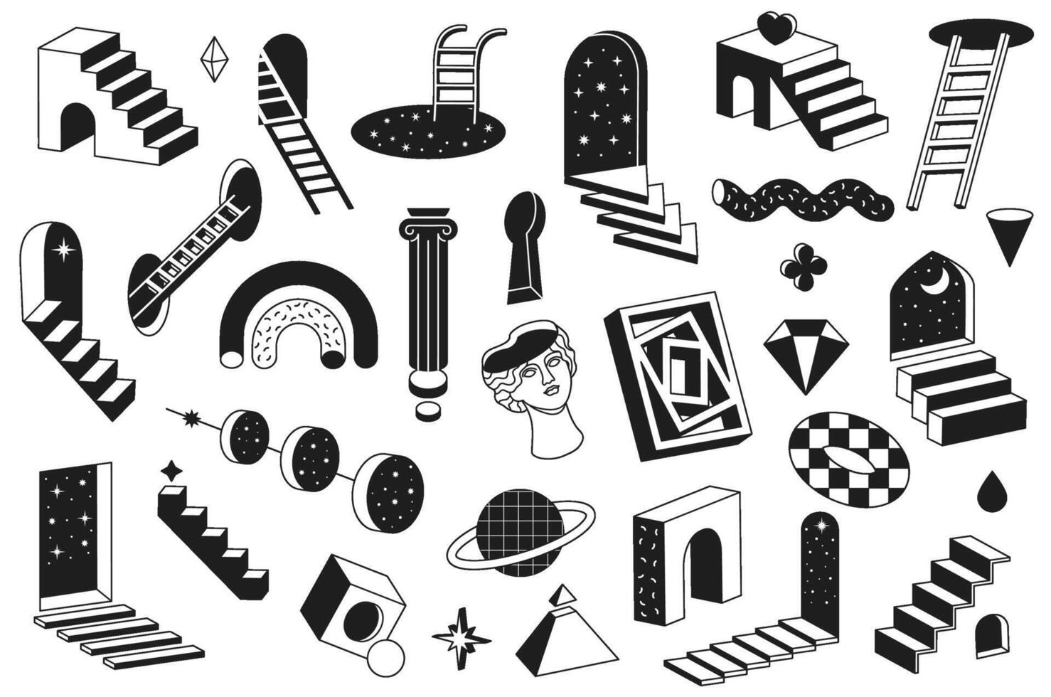 Surreal geometric shapes. Abstract minimal elements, dreamlike portals, stairs and star sparkles illustration set vector