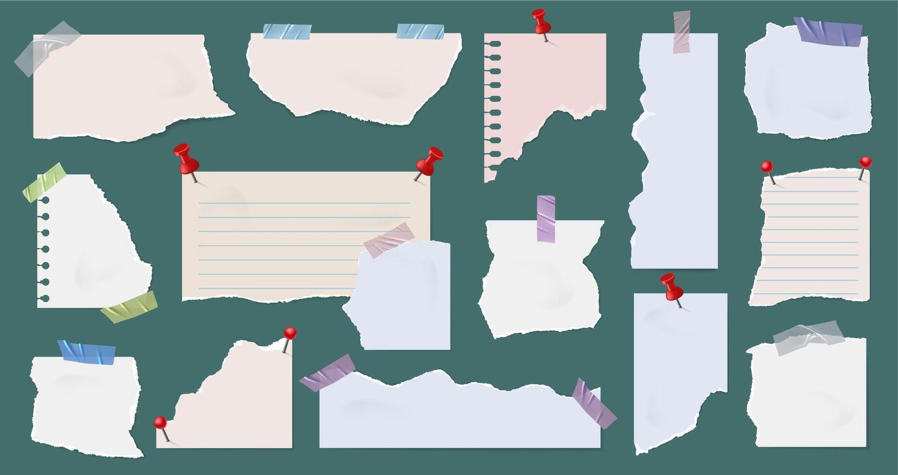 Pinned torn paper notes backgrounds. Scrapbook style note frame, ripped edge pieces of paper with tape and pushpin set vector