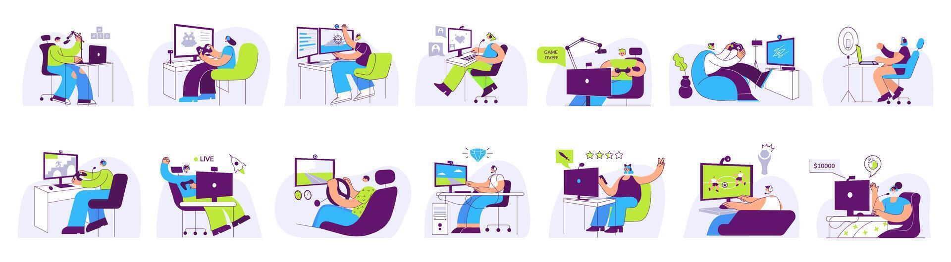 Gamer types. Gaming streamers, podcasters and online gaming players with headphones illustration set vector