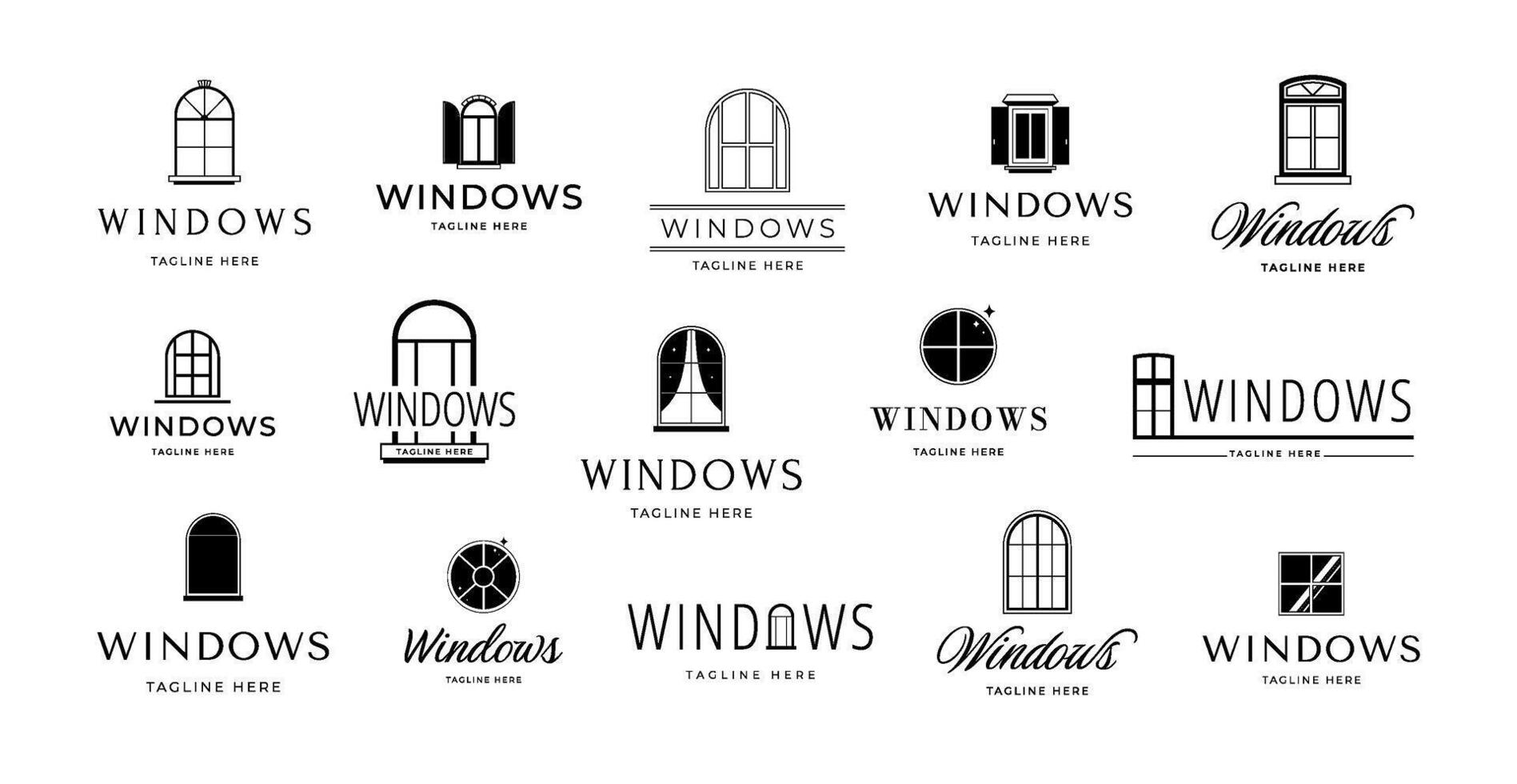 Minimalist window emblems. Casement frame with elegant shutters and curtains, home interior branding design template icon set vector