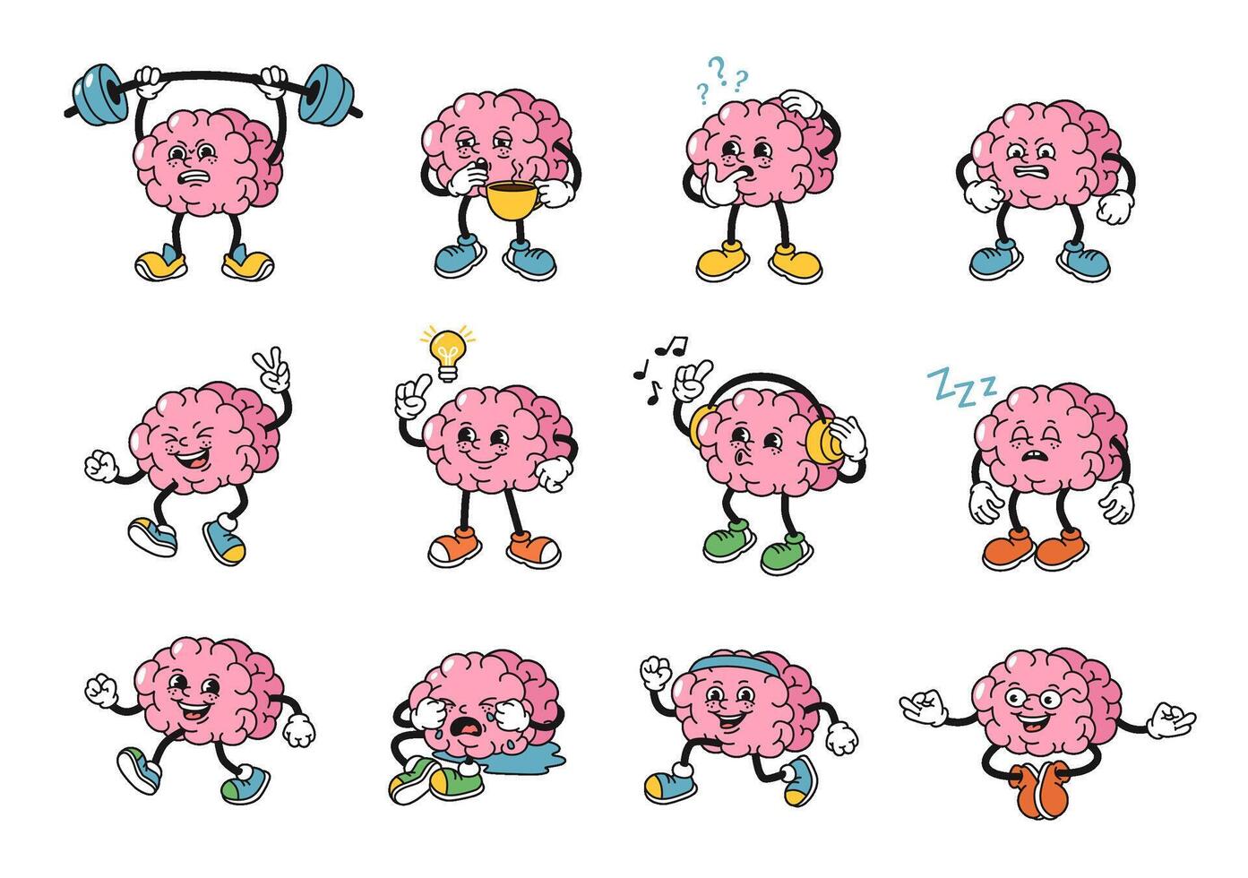 Cartoon human brains mascot. Strong memory brain character has idea, mind questions and do healthy sport exercises 1930s rubber hose style illustration set vector
