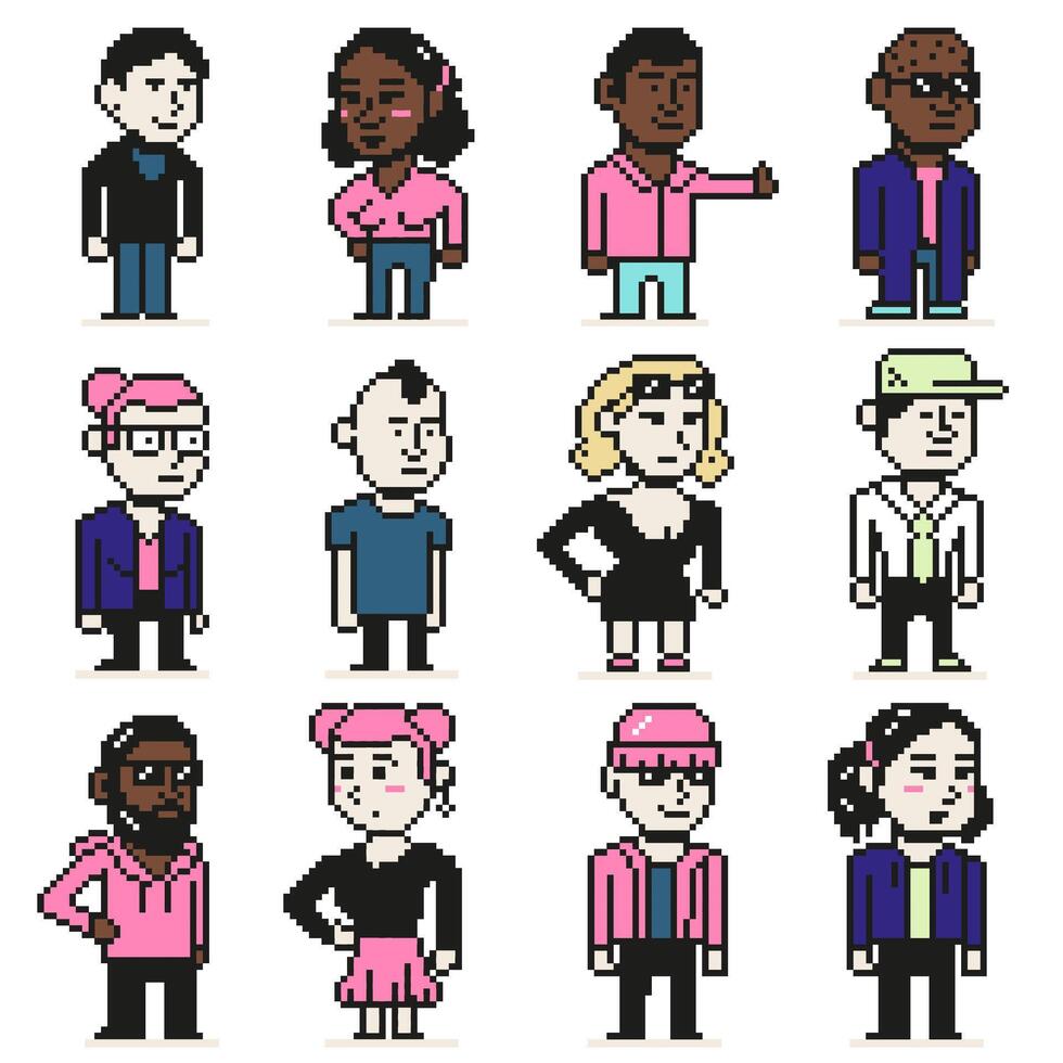 Pixel art characters. Chibi 8 bit people, pixelated game person mascot isolated illustration set vector