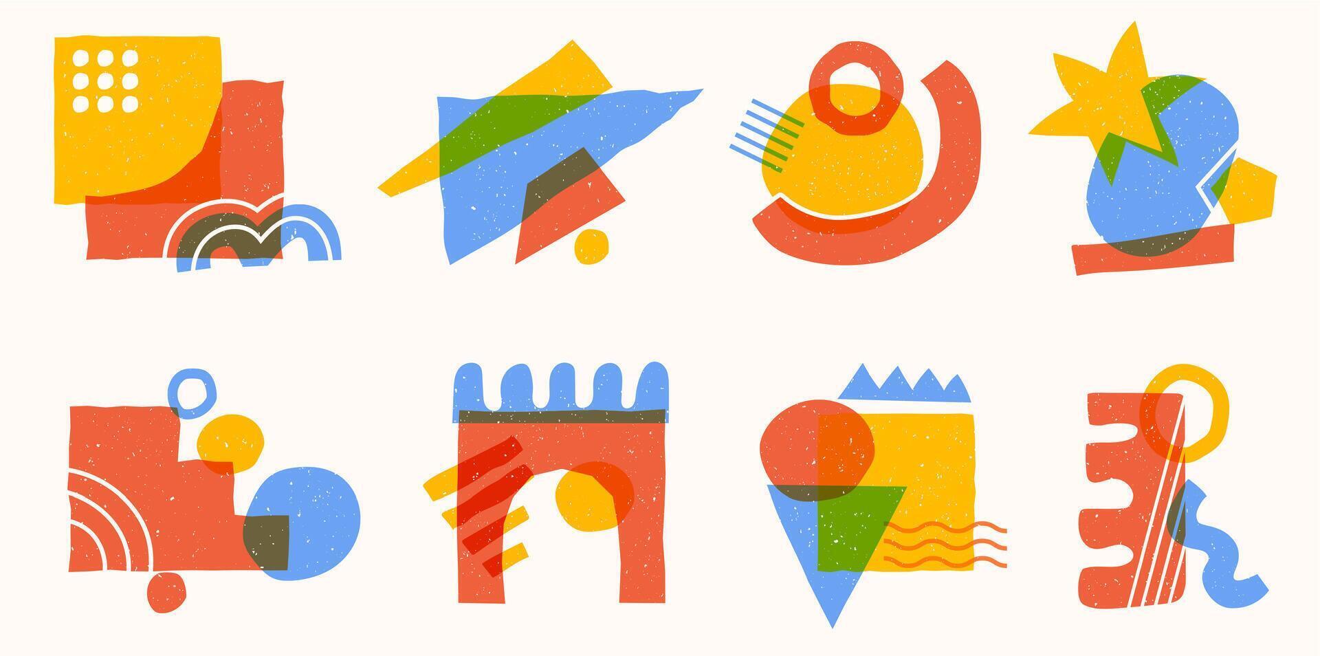 Geometric shapes with risograph effect. Retro abstract compositions with cmyk print overlay and grunge texture set vector