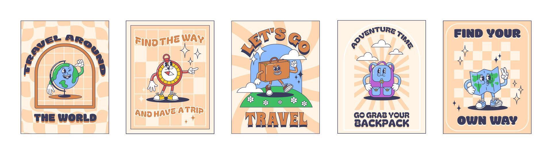 Cartoon travel posters. World Exploration and Adventure sticker with trip, go travel and find way quotes with globe, compass, suitcase, backpack and map mascots set vector