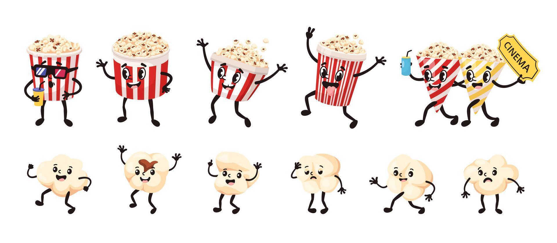 Cartoon popcorn mascot. Funny popping corn and popcorn bucket characters in 1930s rubber hose style, illustration set vector