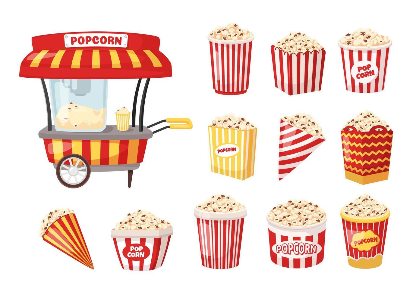 Cartoon popcorn machine and boxes. Movie food store popcorn stand with various size packaging containers illustration set vector