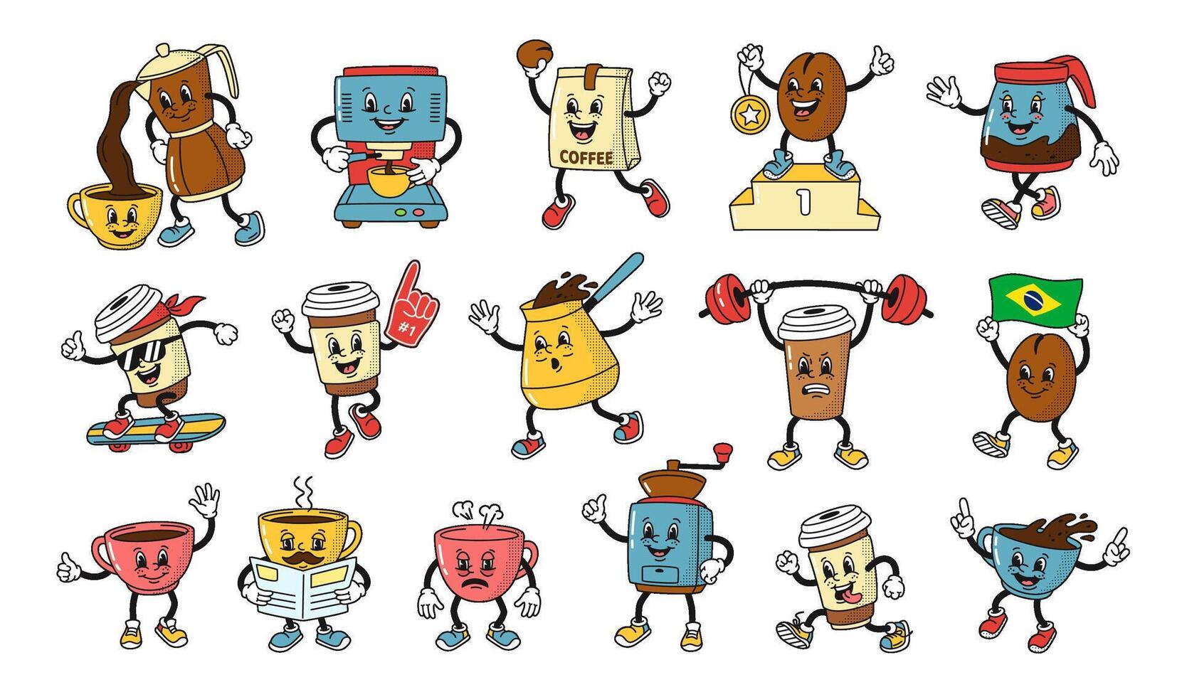Cartoon coffee shop mascots. Funny hot drink cup, coffee bean in style of 1930s rubber hose animation character. Isolated illustration set vector