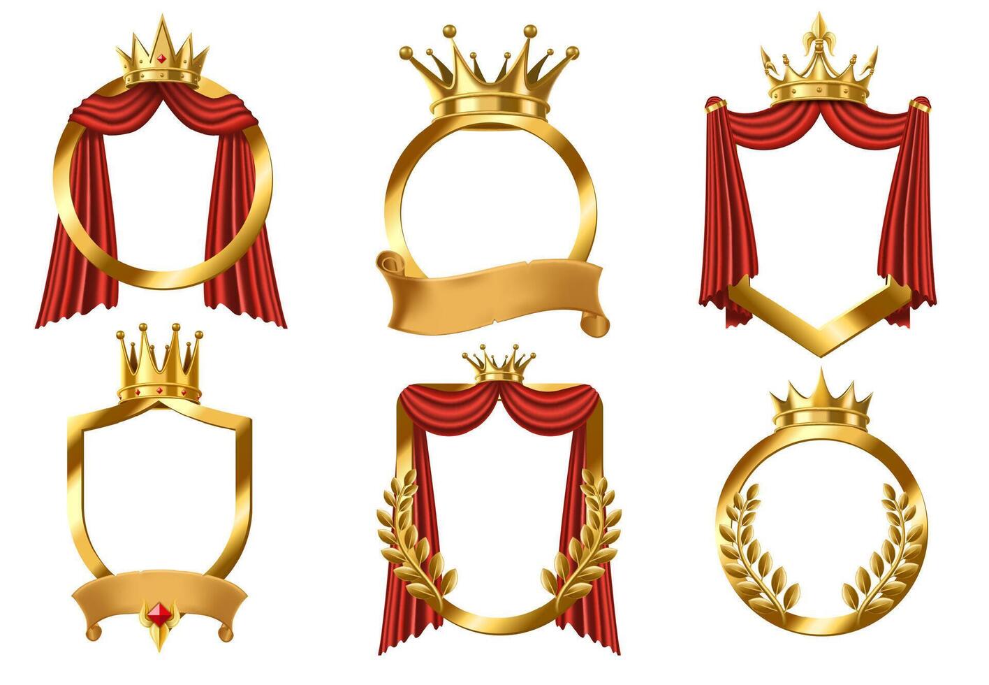 Golden crowned frame. Premium emblem mockup with gold laurel wreath, royal shield and king crown for avatar and certificate design. 3D illustration set vector