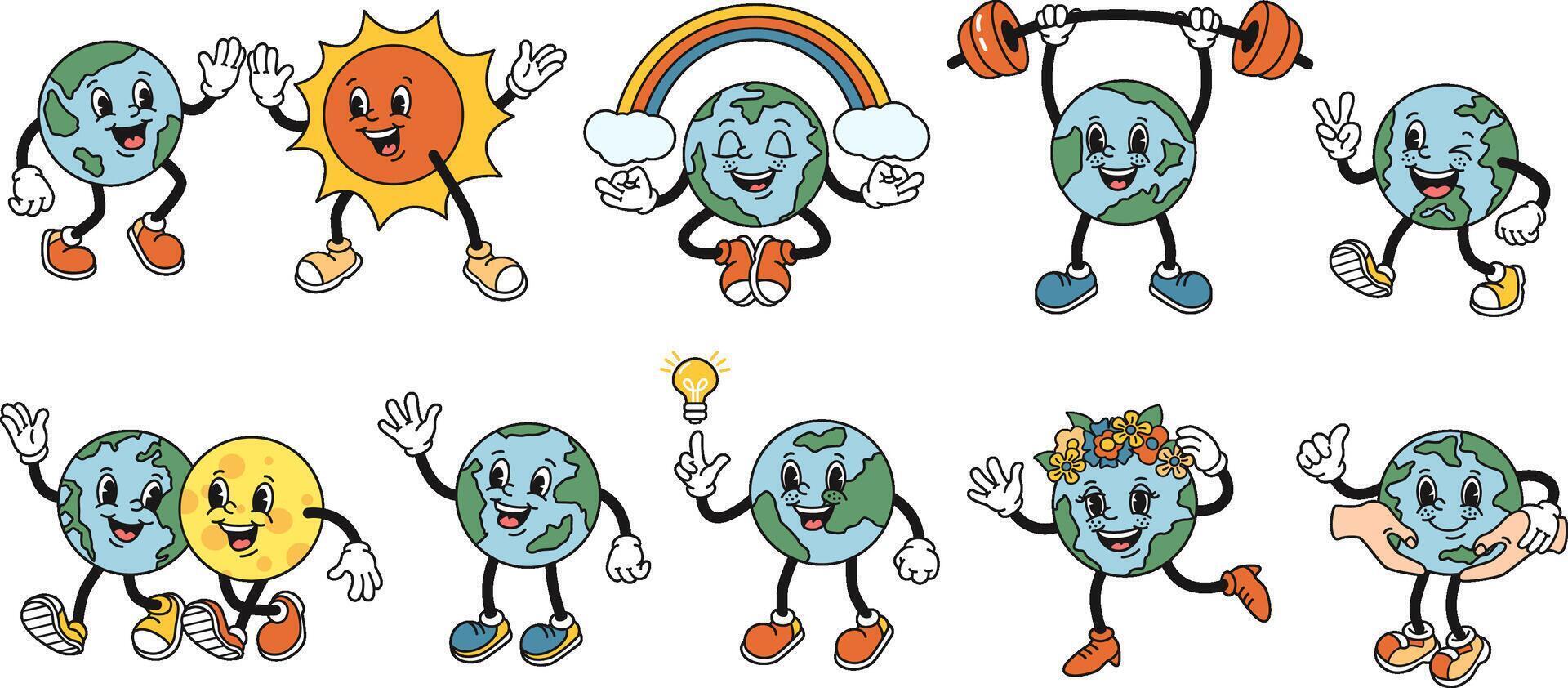 Cartoon planet Earth. Globe mascot with Sun and Moon in style of 1930s rubber hose character. Isolated illustration set vector