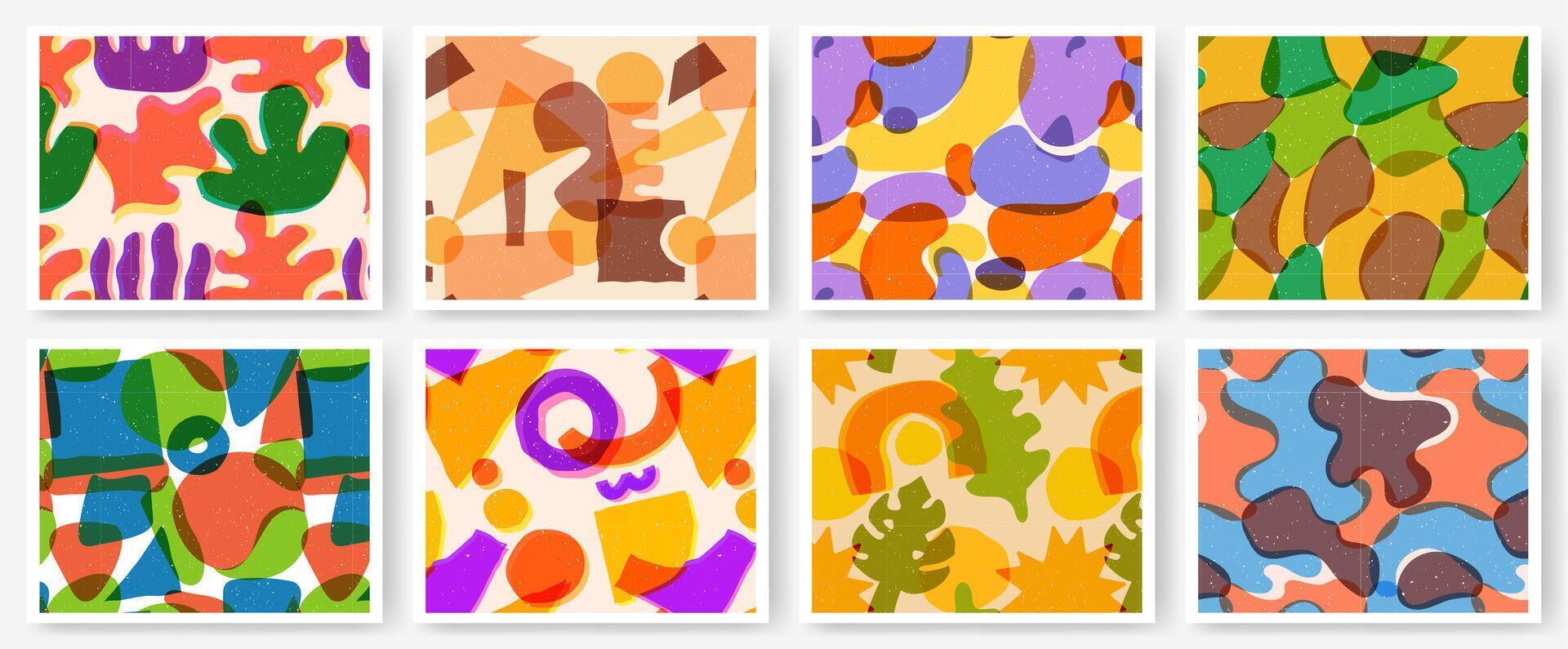 Abstract risograph shapes seamless pattern. Geometric shape overlays with offset print overlay and grunge texture, doodle graph collage set vector