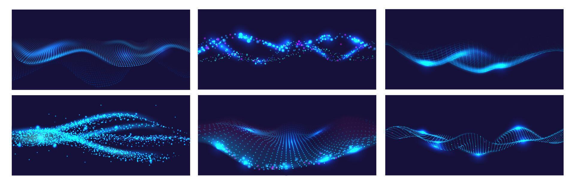 Big data flow banner backgrounds. Moving blue particles, futuristic abstract flux and cyber wave backdrop set vector