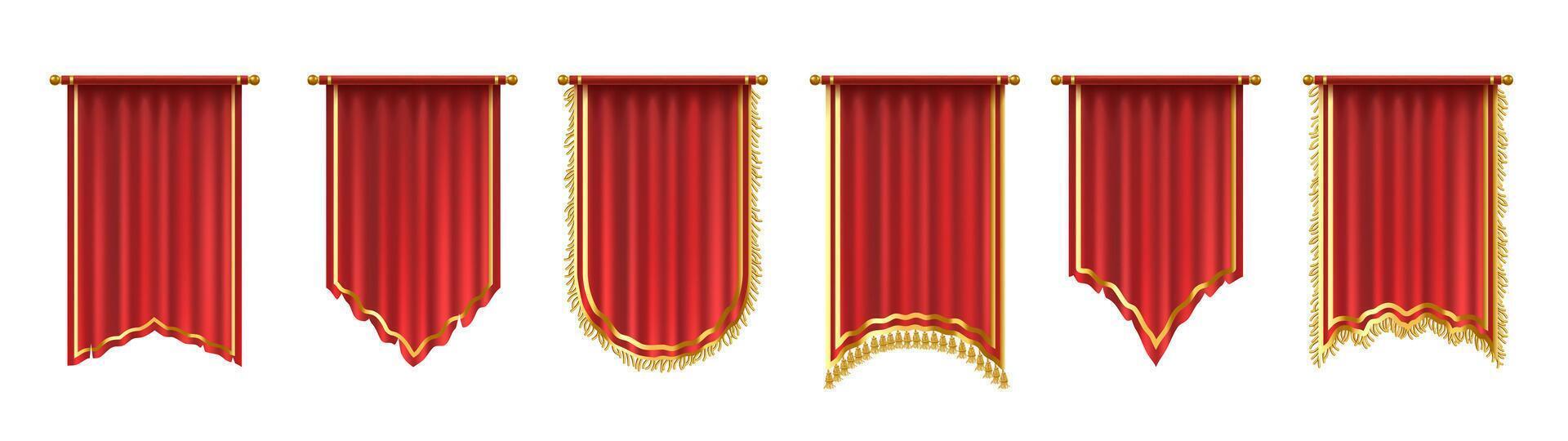 Red medieval battle flag. Hanging fabric royal banner, pennant mockup and castle wall flags set vector