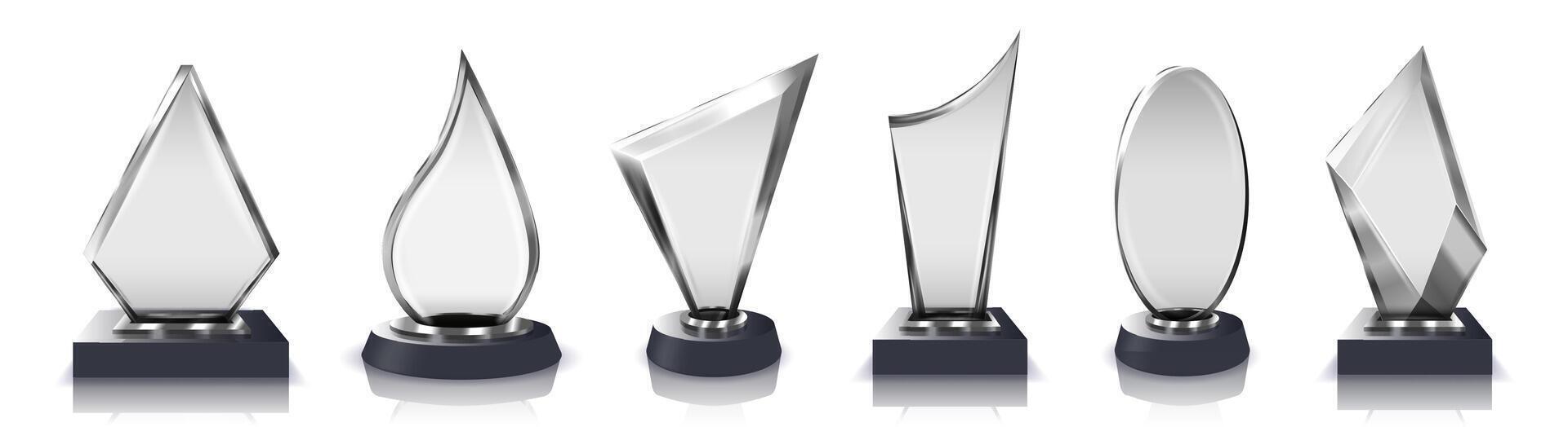 Glass trophy. Crystal transparent awards for ceremony, contest champion or award winner isolated illustration set vector