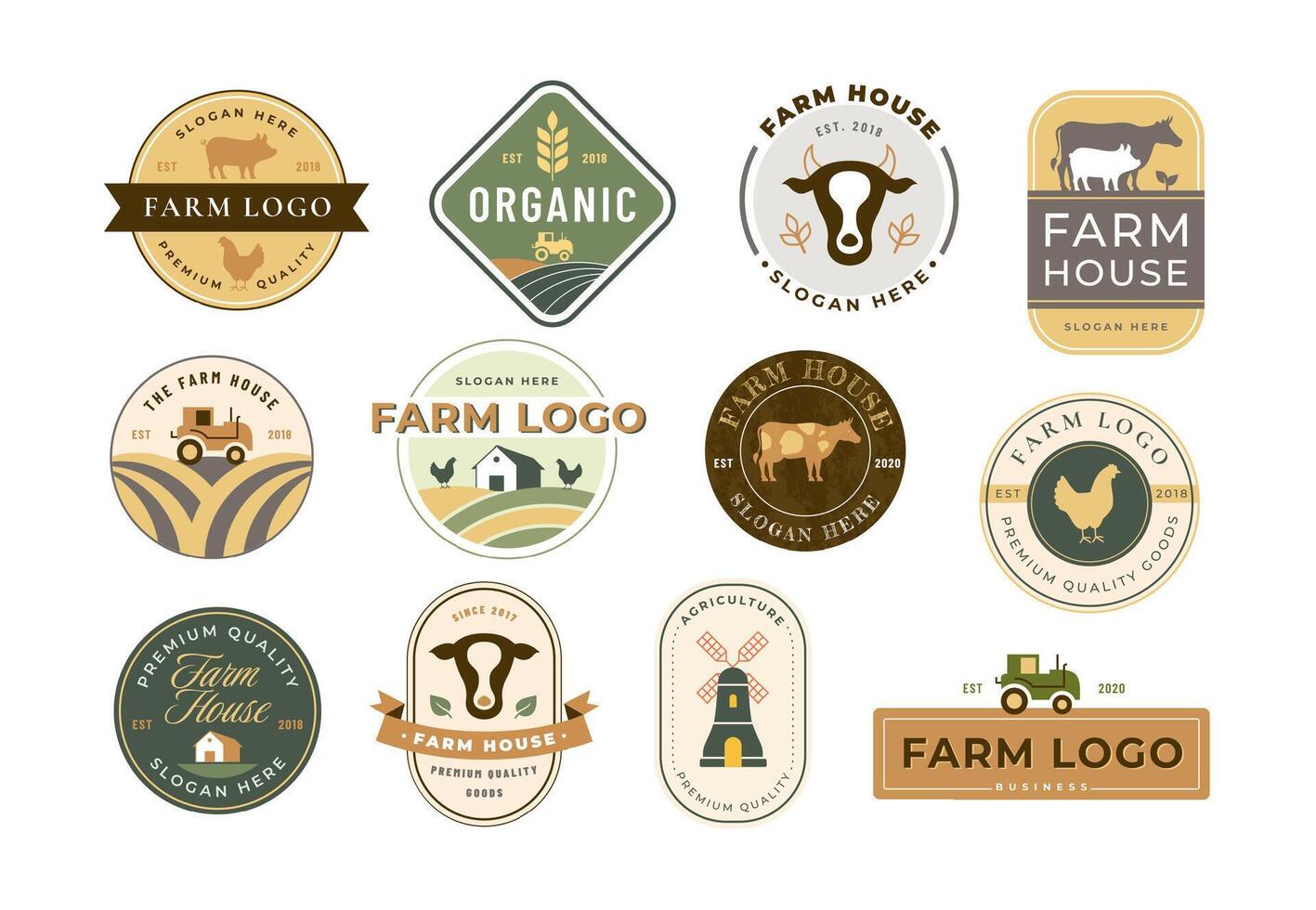 Farm icons. Rustic homestead, organic farming, meat and poultry house branding design templates set vector