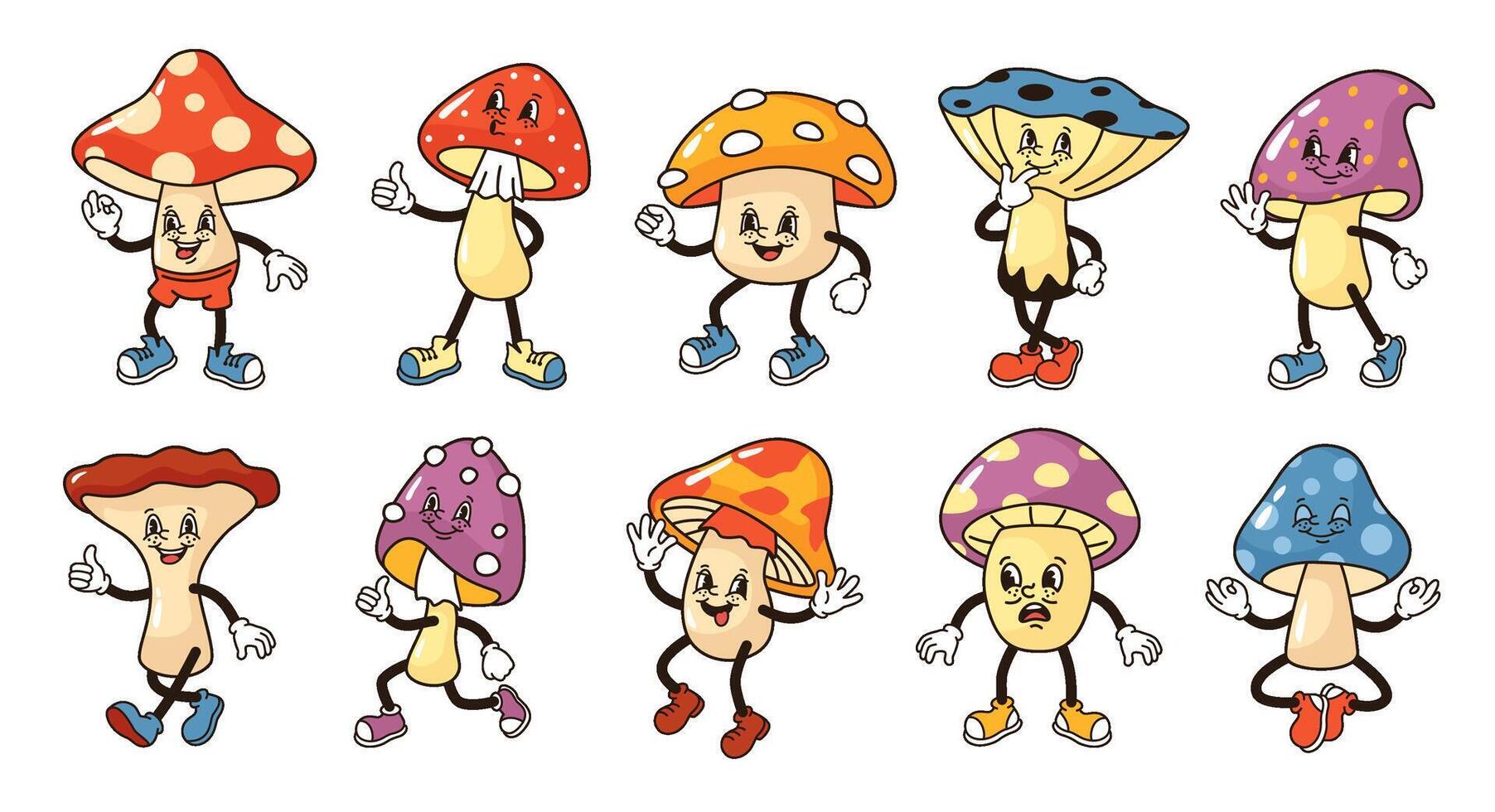Cartoon mushroom characters. Groove fungi mascots, funny mushrooms with faces, hands and foots in 1930s rubber hose style set vector