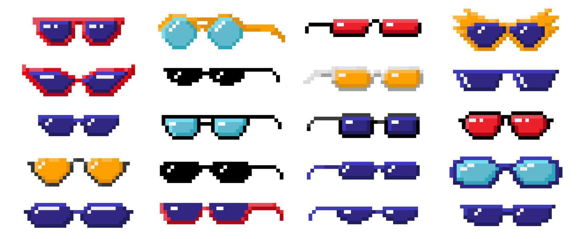 Pixel art sunglasses. Color 8 bit glasses for pranking memes, pixelated summer style eyeglasses set vector