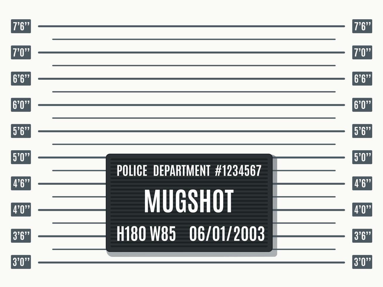 Mugshot photo template. Law enforcement, jail booking photography backdrop template with height measurement chart and black police department placard background vector