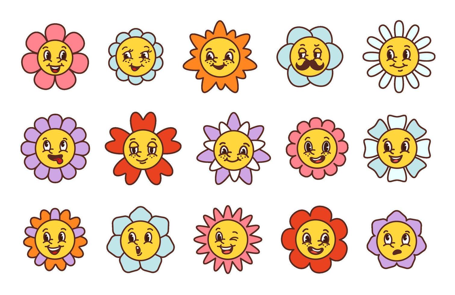 Cartoon flower faces. Happy smiling floral characters with various facial expressions, cute face with flower petals set vector