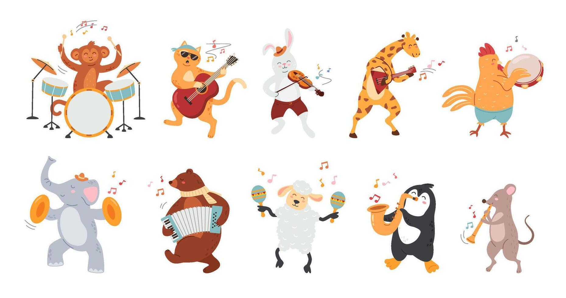 Animals play music. Zoo musicians, cute animal mascots with different musical instruments and orchestra characters isolated cartoon illustration set vector