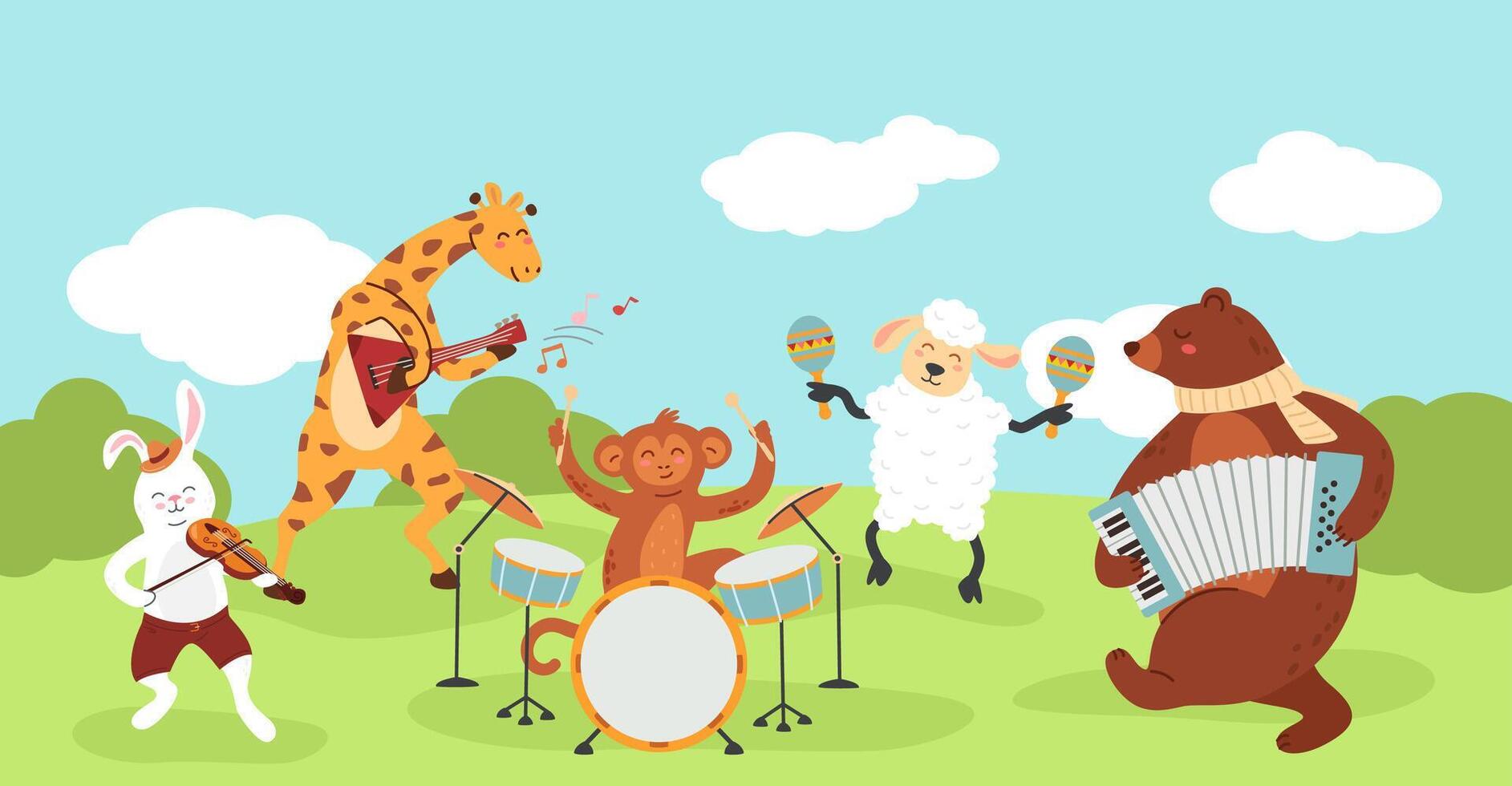 Cartoon forest animals concert. Cute zoo musicians play music with musical instruments, wild jazz band and wildlife characters musical performance illustration vector