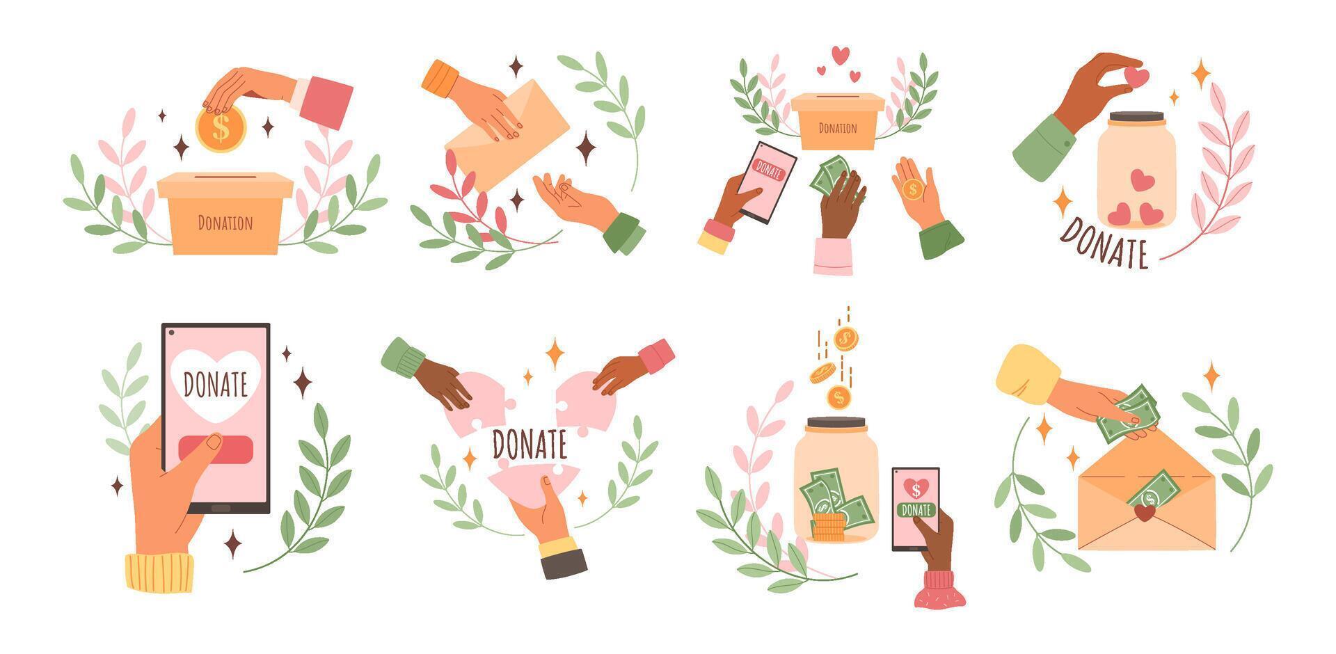Send donation. Hands contributing money by online transactions, cash in donation boxes and charity jars illustration set vector