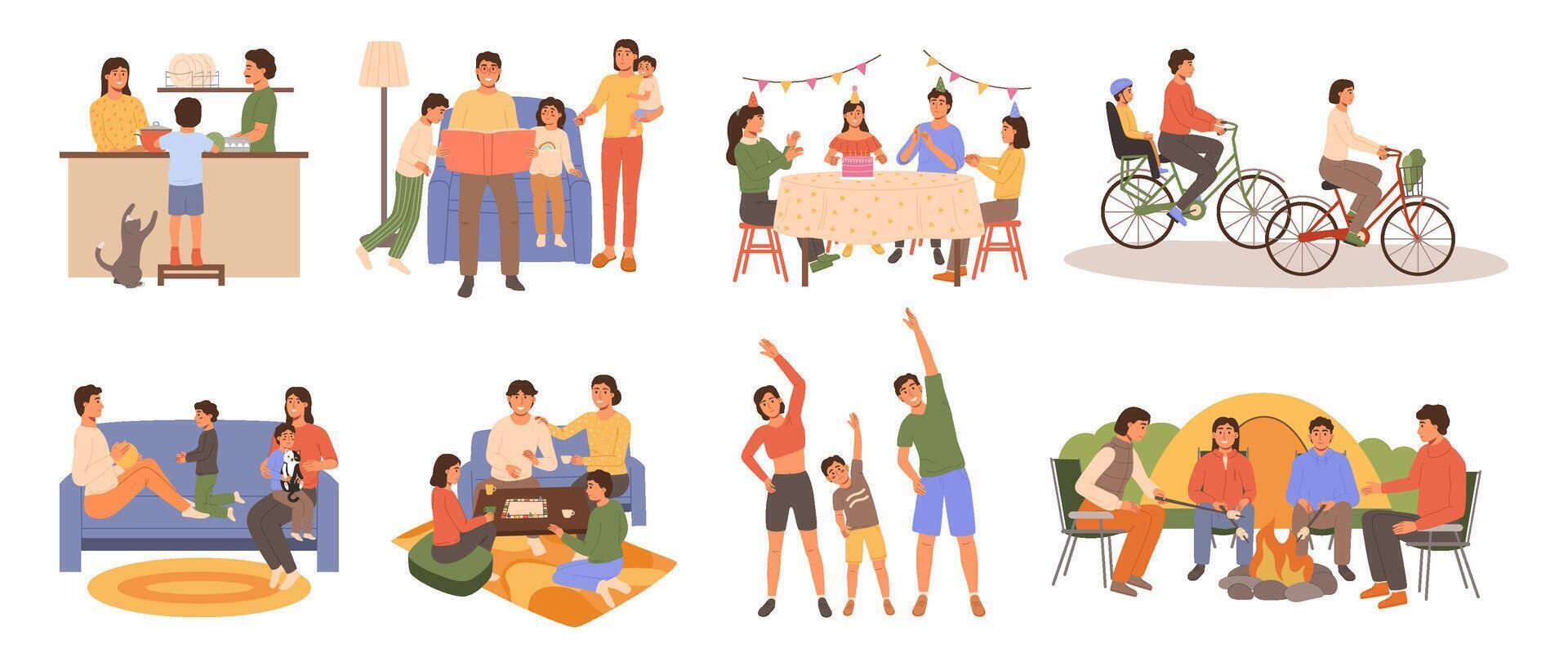 Family activities. Bonding moments, cooking together, birthday celebration, playing board games, outdoor cycling and sport exercising illustration set vector
