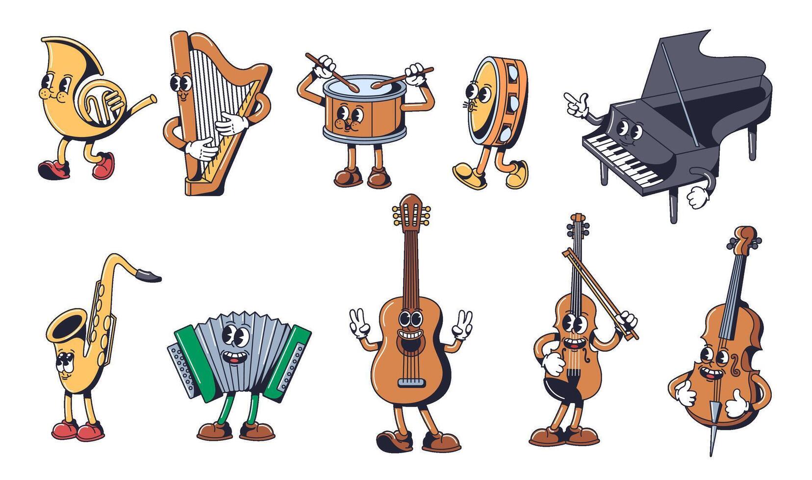 Cartoon musical instrument mascots. Playful music characters in 1930s rubber hose style. Retro concept illustration set vector