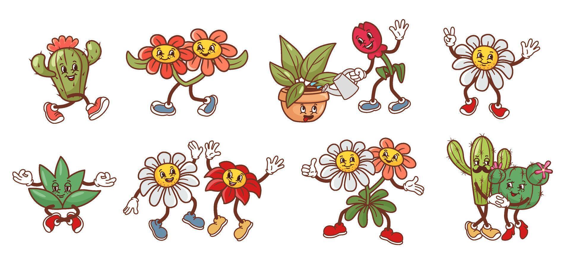 Cartoon blooming flower mascot. Cheerful plant characters with playful expressions, dancing and joyful garden actions set vector