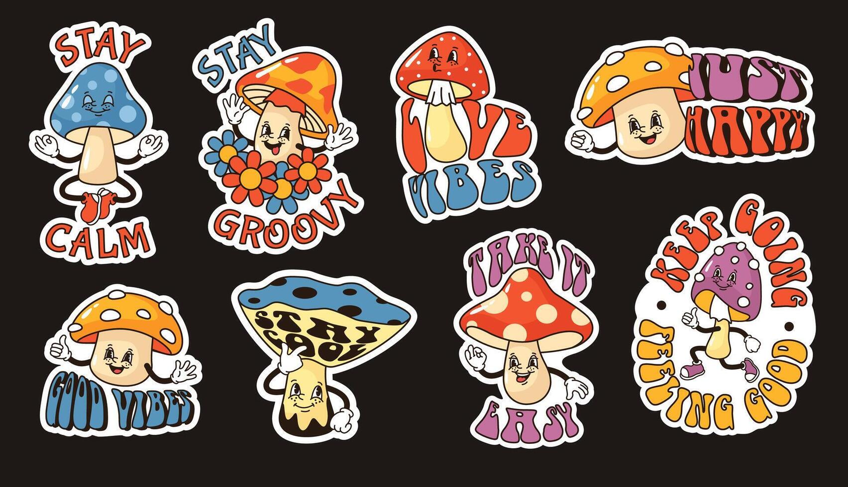 Cartoon mushrooms stickers. Groovy fungi, stay calm and good vibes print designs with funny mushroom characters set vector