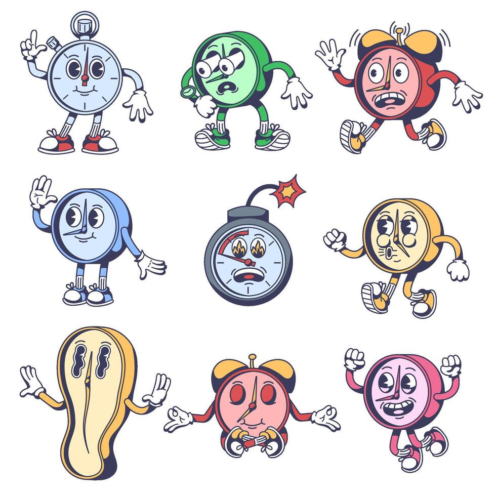 Cartoon time mascots. Stopwatch character, alarm clock going late, timer bomb, zen meditation time and melted clock isolated illustration vector