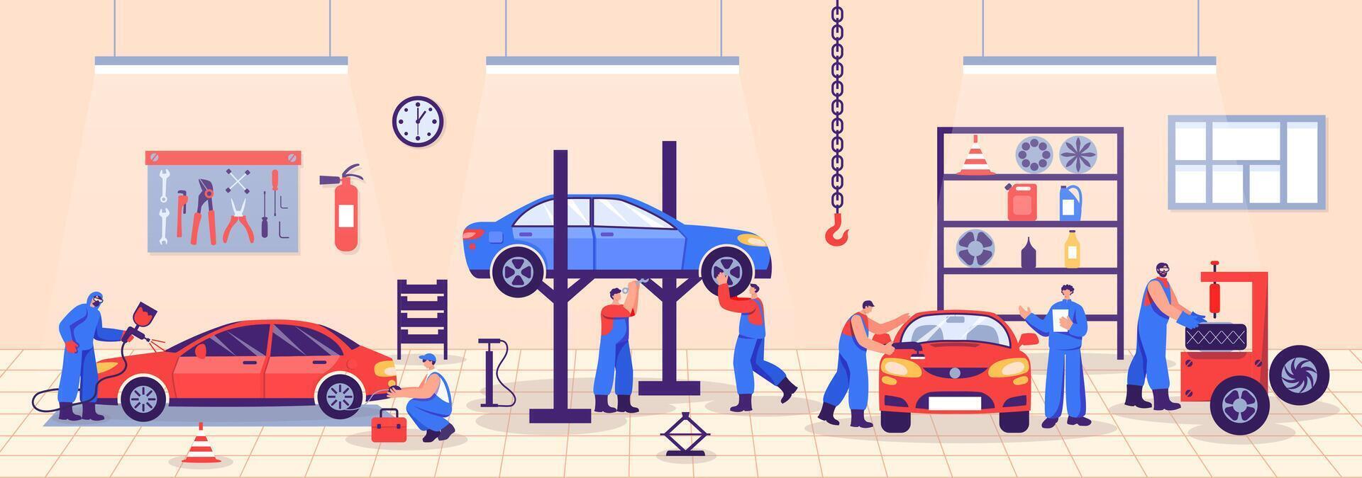 Auto repair service. Full-service auto workshop skilled mechanics, professional vehicle maintenance garage and care illustration vector