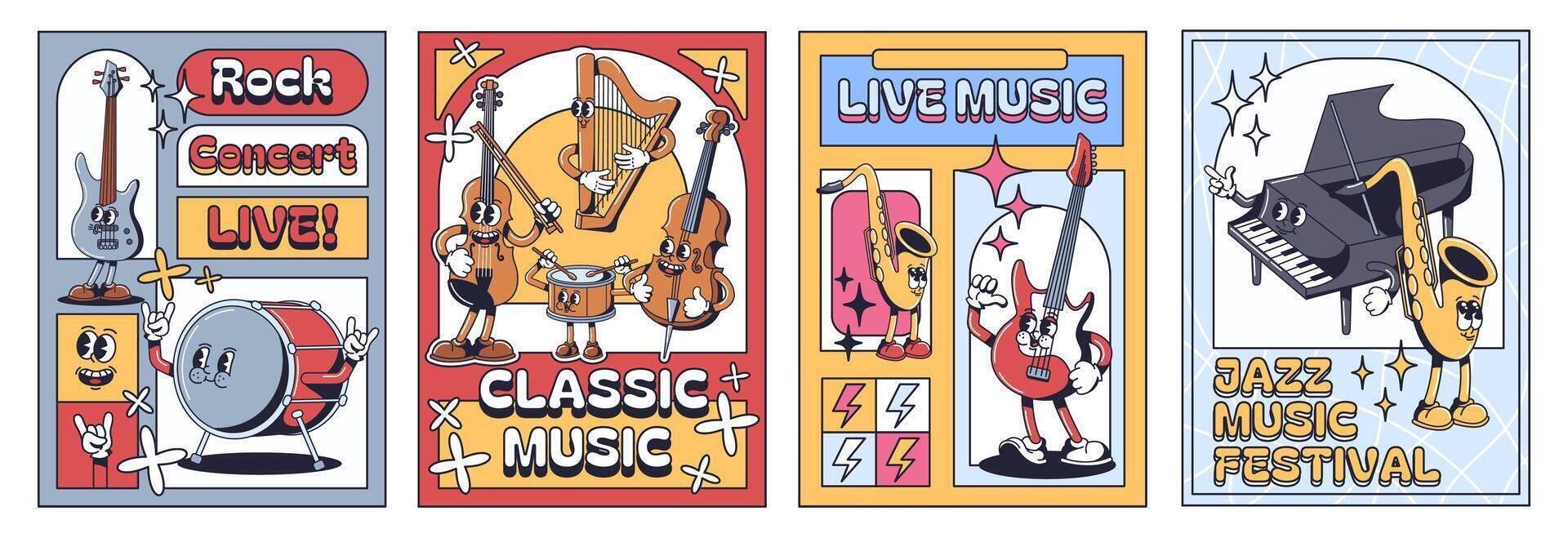 Cartoon concert posters. Live rock music show, classic and jazz festival flyer design template with 1930s musical Instruments mascot characters set vector