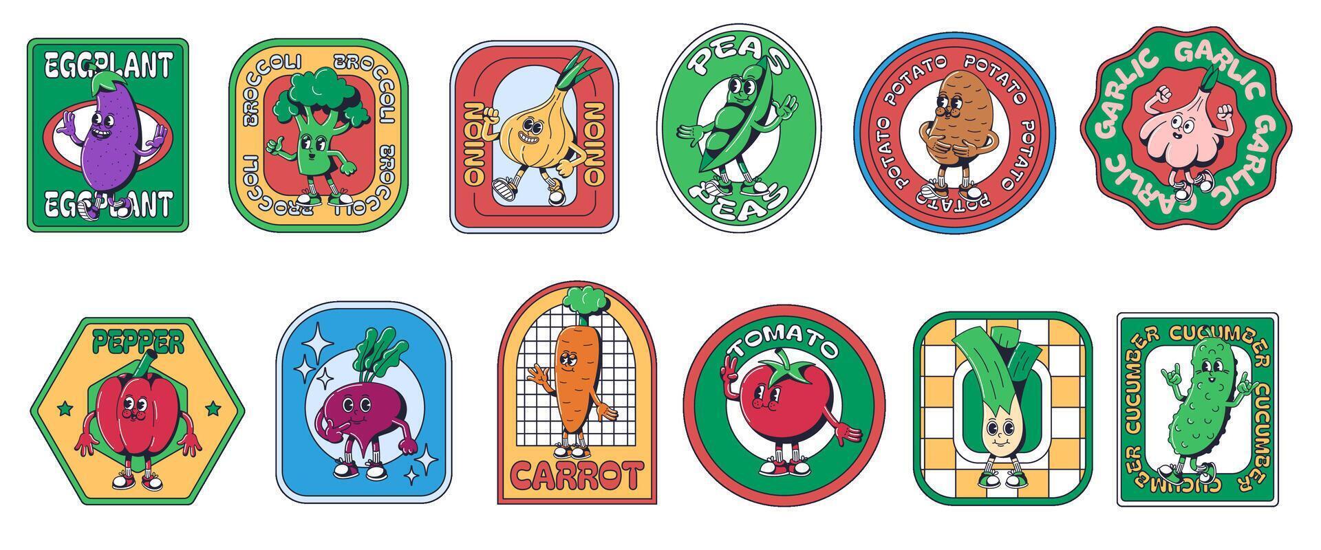 Cartoon vegetables stickers. Veggie emblems templates with retro 1930s mascot characters. Grocery labels set vector