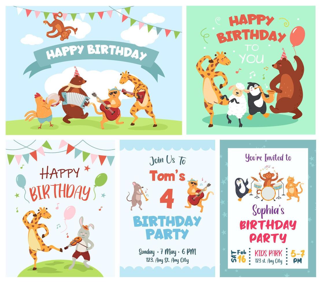 Greeting card with cartoon animals. Cute animal musicians play happy birthday song, dancing party invitation poster and congratulation banner illustration set vector
