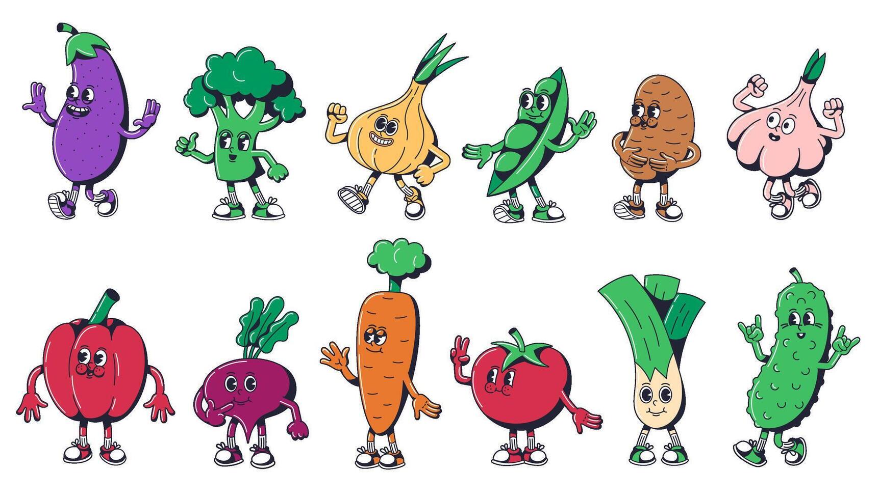 Cartoon vegetables characters. Walking eggplant, onion and cucumber. Veggies mascots for broccoli, pea pod, potato, strong garlic, sweet pepper, carrot with sneakers set vector