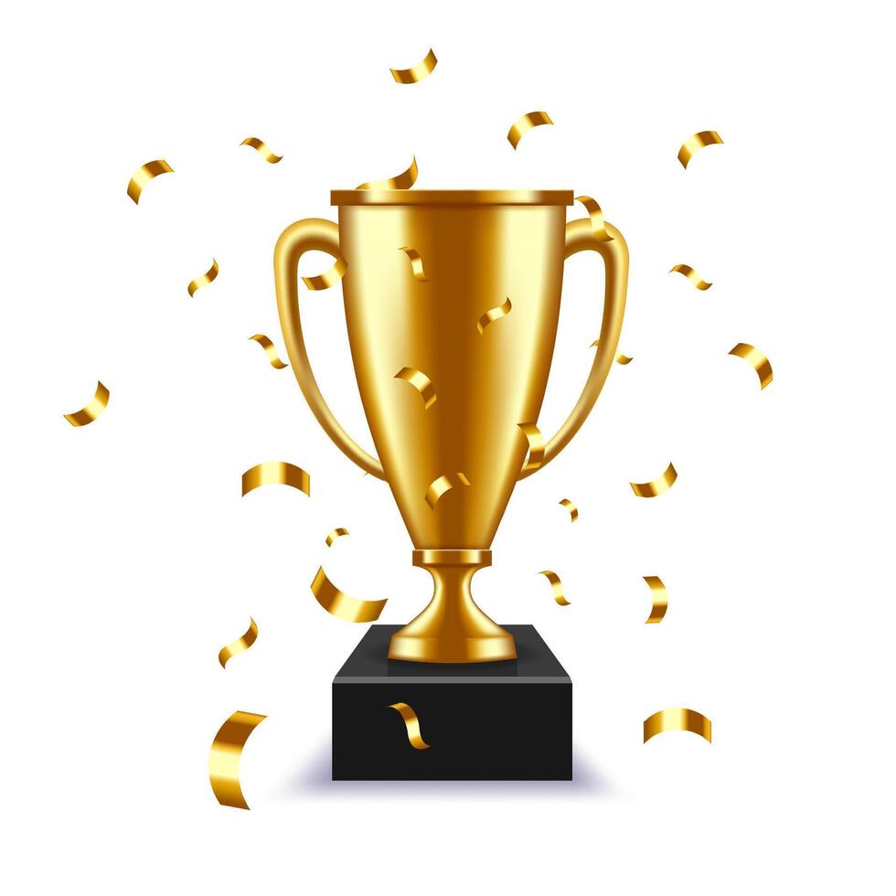 Golden cup. Tournament award, gold trophy with falling confetti. Competition winner reward illustration vector