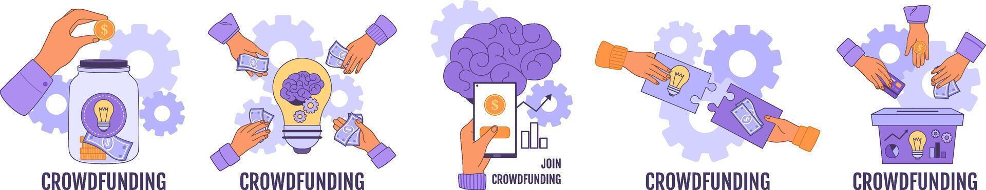 Crowdfunding donation. Collective financial support for business startup or community project. Crowdfunding campaign illustration set vector